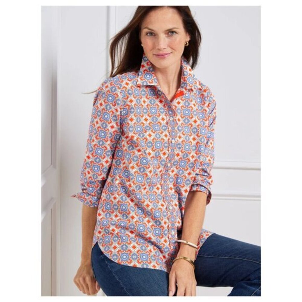 Talbots Long Sleeve Cotton Button Front Shirt - Whimsical Tile